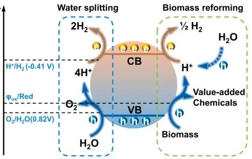 光催化水裂解和生物质转化制氢示意图